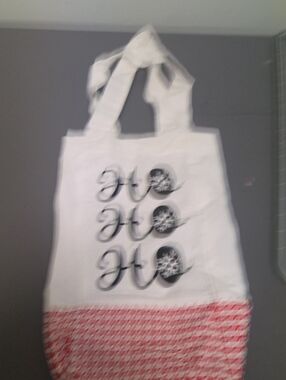 White and Red Canvas Holiday Tote Bag with Ho Ho Ho Print